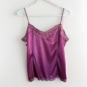 Vtg 80s Satin Top Large Magenta Pink Cami Spaghetti Strap Lace Tank USA Y2K
